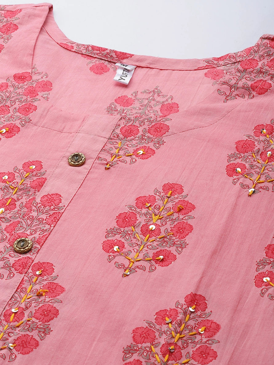 Pink Printed Cotton Kurta-Yufta Store-4788KURPKM