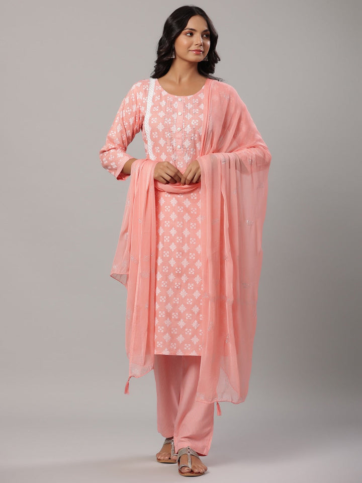 Pink Printed Dupatta Set-Yufta Store-6502SKDPKM