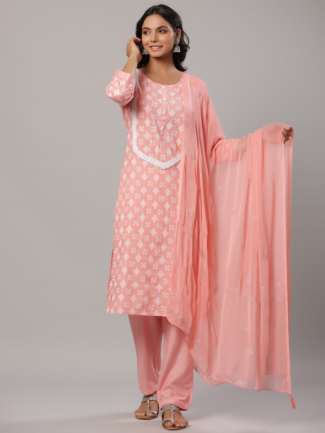 Pink Printed Dupatta Set-Yufta Store-6502SKDPKM