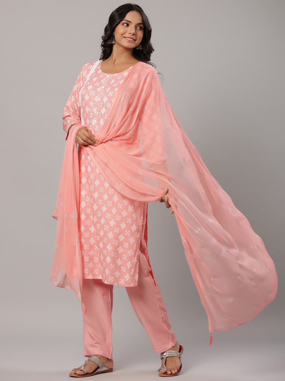 Pink Printed Dupatta Set-Yufta Store-6502SKDPKM