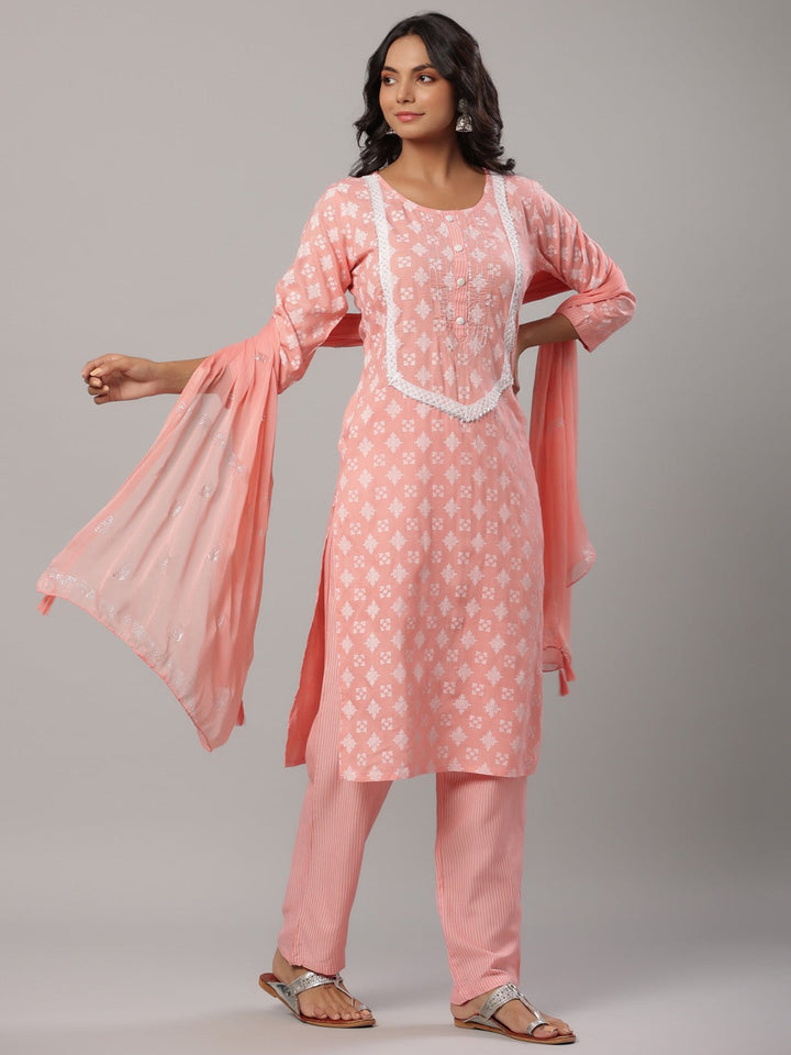 Pink Printed Dupatta Set-Yufta Store-6502SKDPKM