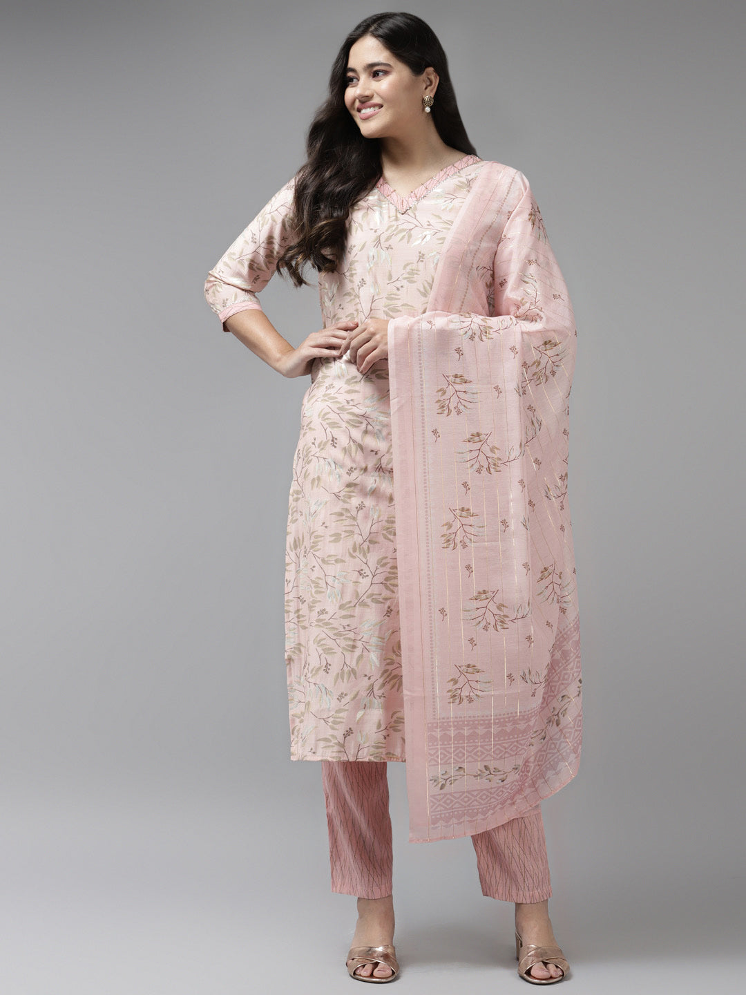 Pink Printed Dupatta Set-Yufta Store-9807SKDPKS