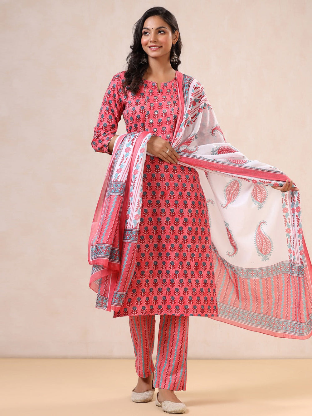 Pink Printed Dupatta Set-Yufta Store-9996SKDPKS