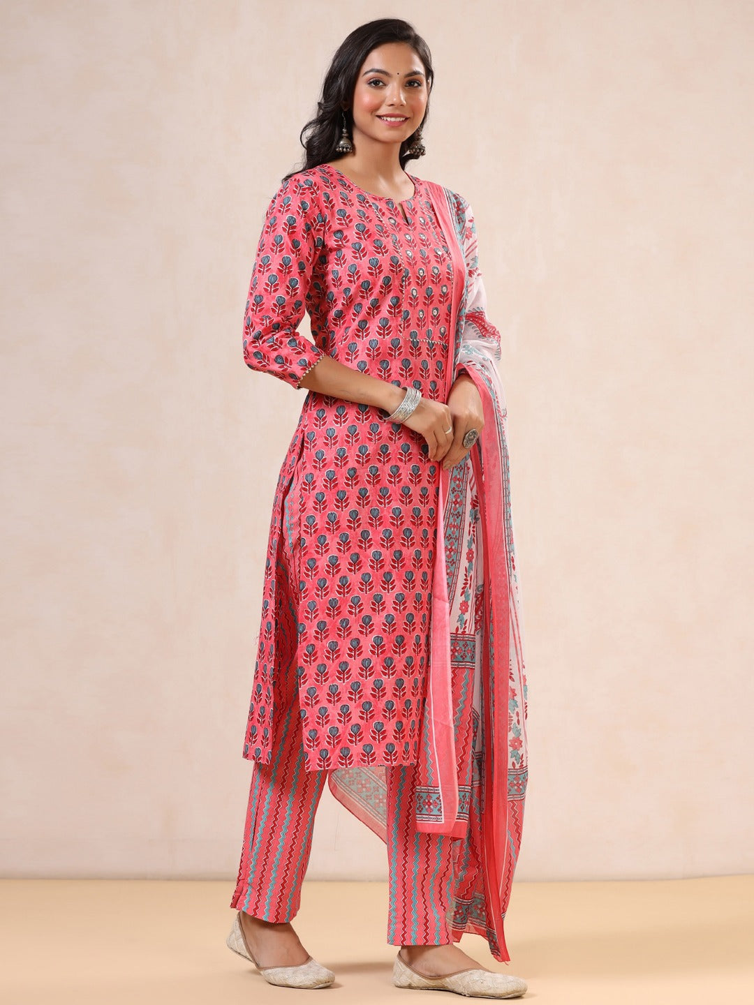 Pink Printed Dupatta Set-Yufta Store-9996SKDPKS