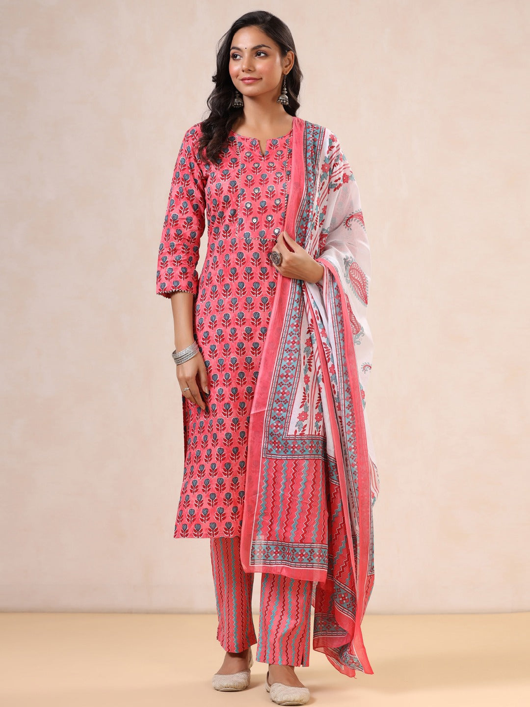 Pink Printed Dupatta Set-Yufta Store-9996SKDPKS