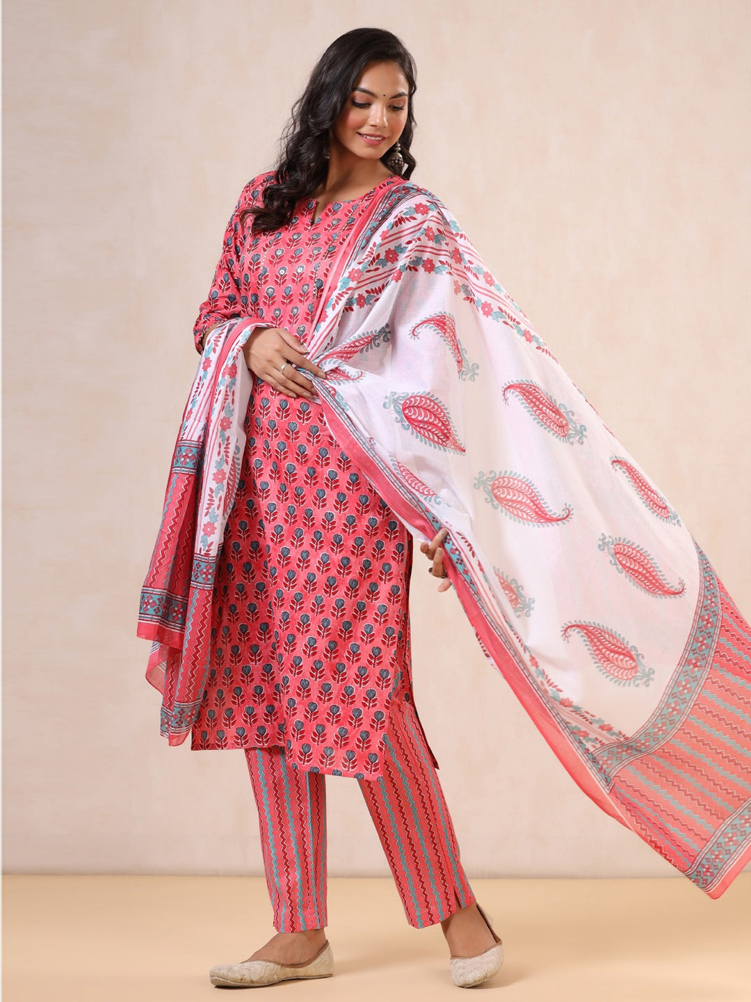 Pink Printed Dupatta Set-Yufta Store-9996SKDPKS