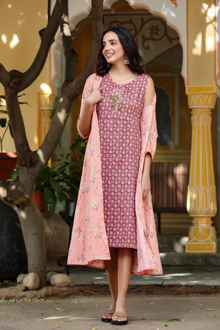 Pink Printed & Embroidered Dress-Yufta Store-4603DRSPKM