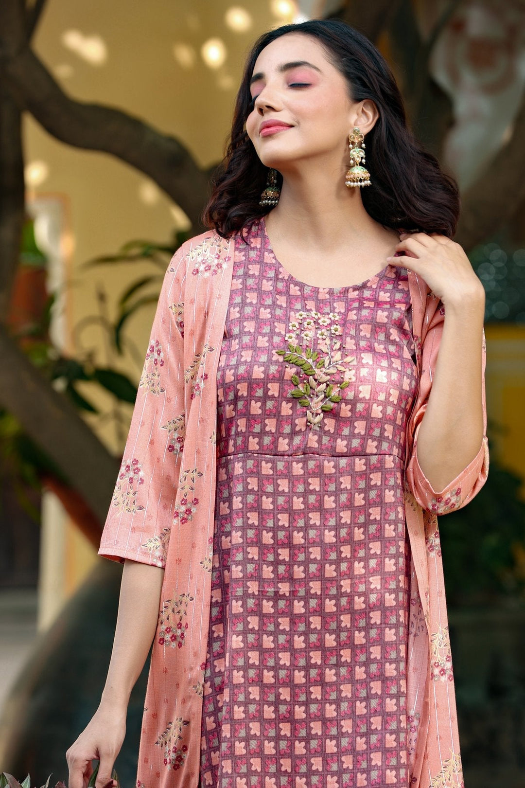 Pink Printed & Embroidered Dress-Yufta Store-4603DRSPKM