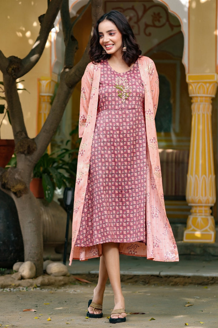 Pink Printed & Embroidered Dress-Yufta Store-4603DRSPKM