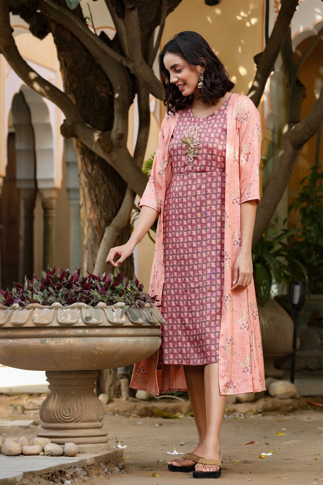 Pink Printed & Embroidered Dress-Yufta Store-4603DRSPKM