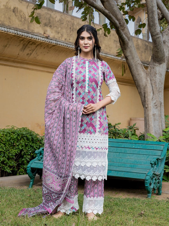 Pink Printed Kurta Dupatta Set-Yufta Store-6803SKDPKS