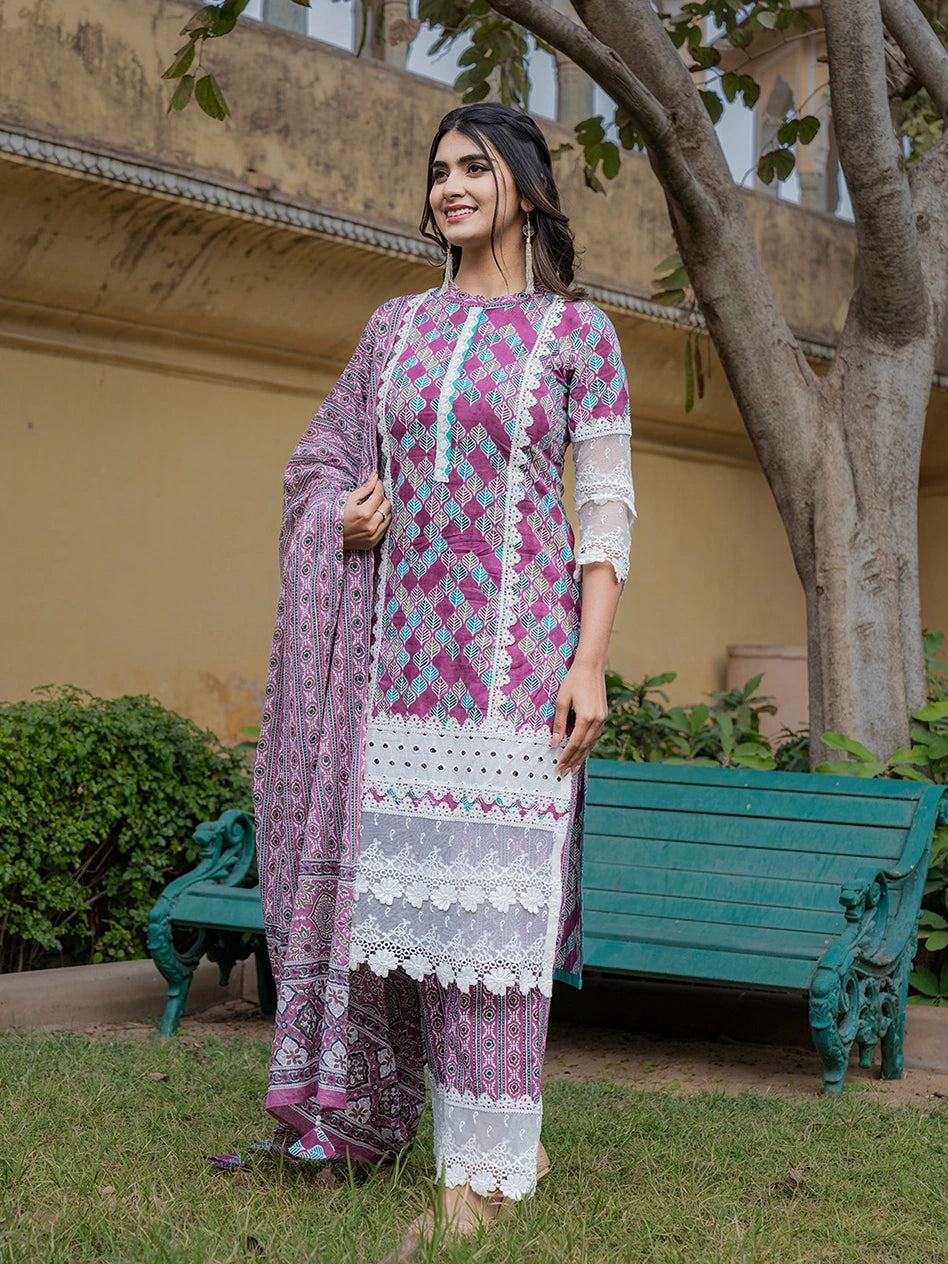 Pink Printed Kurta Dupatta Set-Yufta Store-6803SKDPKS