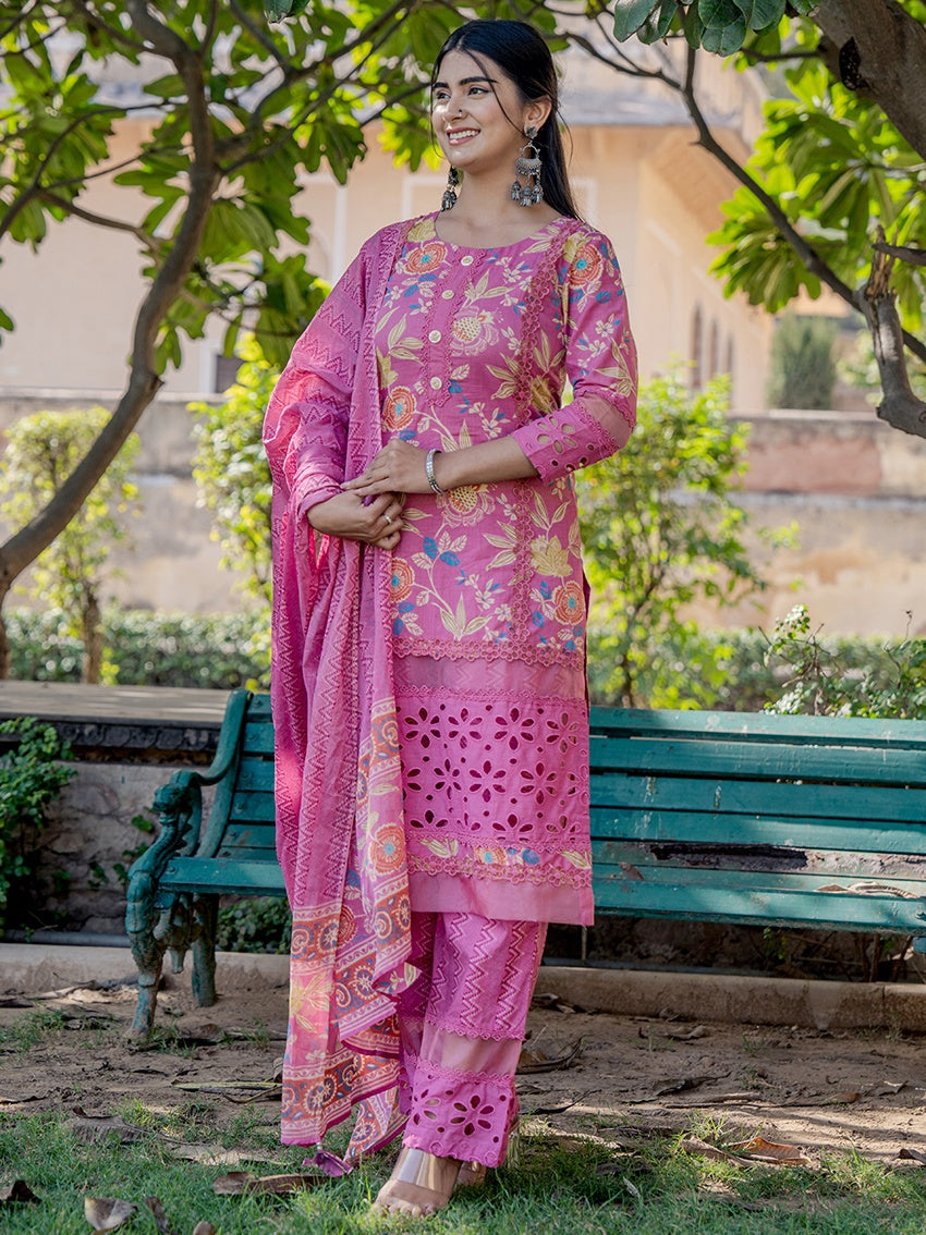 Pink Printed Kurta Pant Dupatta Set-Yufta Store-6801SKDPKS