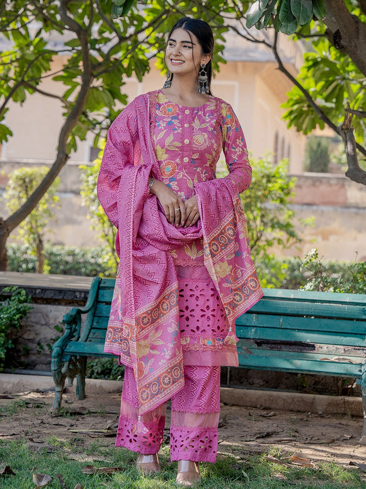 Pink Printed Kurta Pant Dupatta Set-Yufta Store-6801SKDPKS