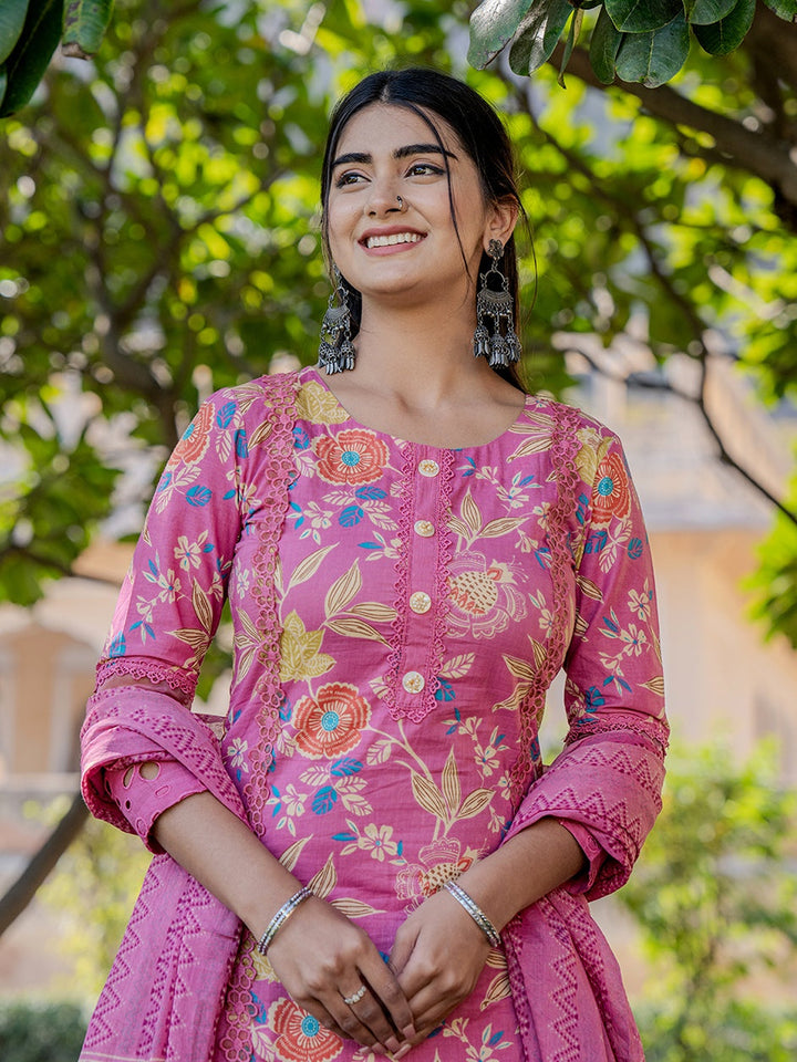 Pink Printed Kurta Pant Dupatta Set-Yufta Store-6801SKDPKS