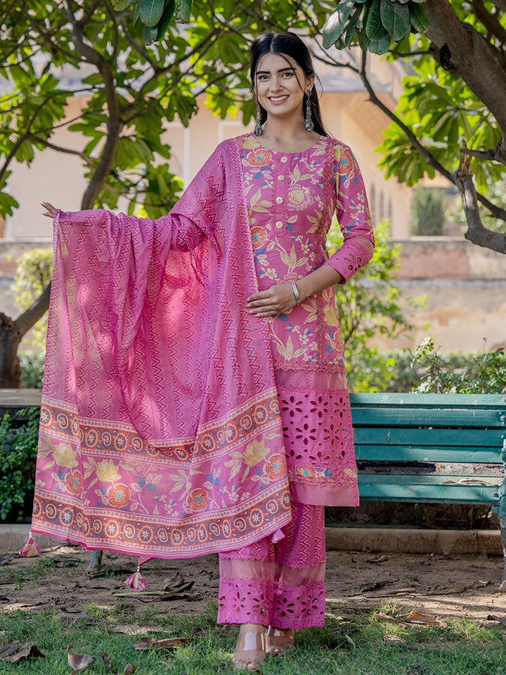 Pink Printed Kurta Pant Dupatta Set-Yufta Store-6801SKDPKS