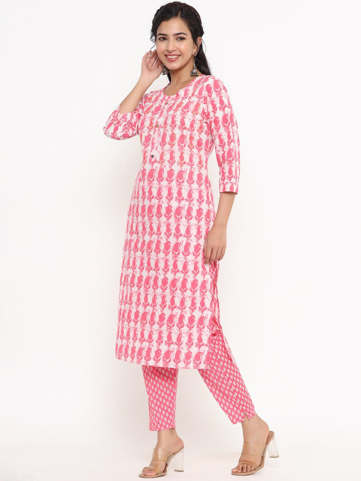 Pink Printed Kurta Set-Yufta Store-4766SETPKM