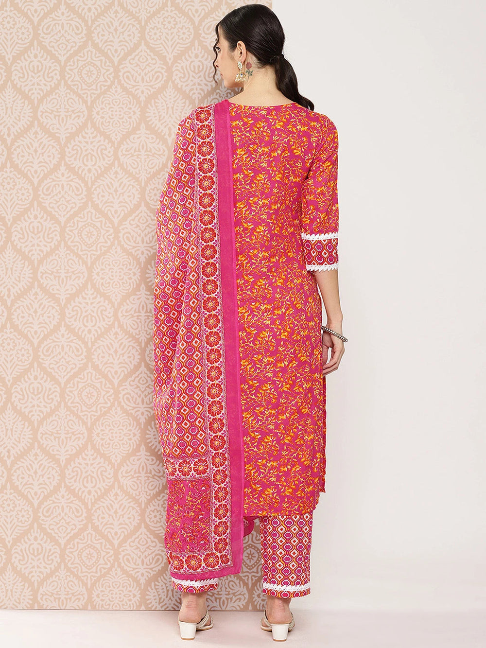 Pink Printed Regular Sequinned Pure Cotton Kurta with Trousers & Dupatta Set