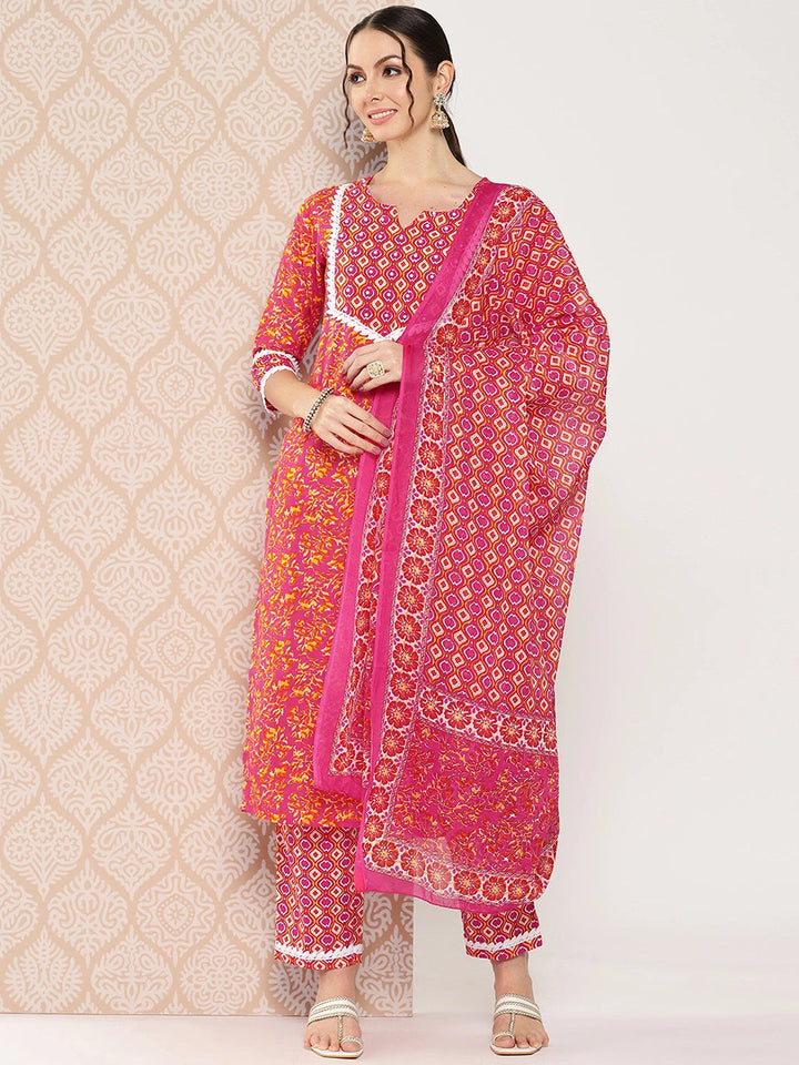 Pink Printed Regular Sequinned Pure Cotton Kurta with Trousers & Dupatta Set