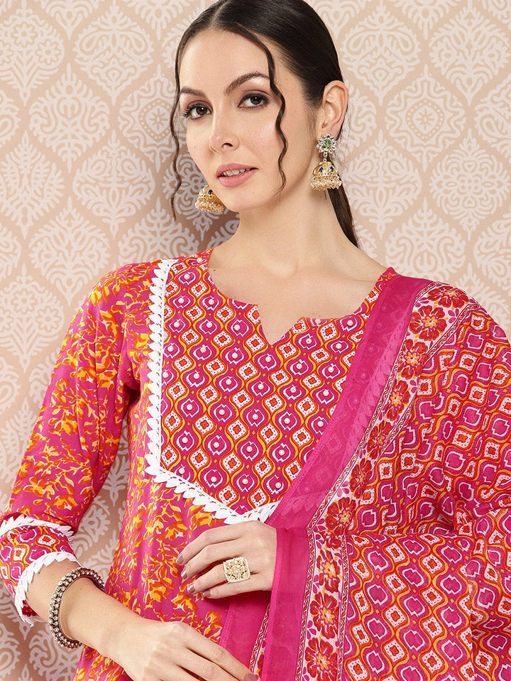 Pink Printed Regular Sequinned Pure Cotton Kurta with Trousers & Dupatta Set