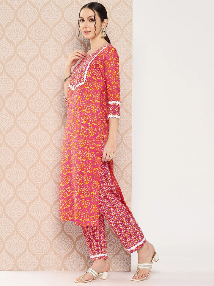 Pink Printed Regular Sequinned Pure Cotton Kurta with Trousers & Dupatta Set