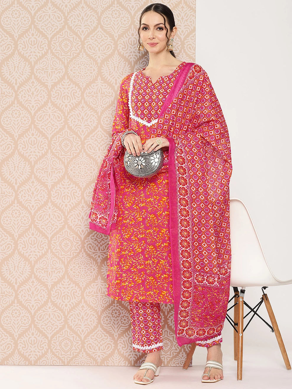 Pink Printed Regular Sequinned Pure Cotton Kurta with Trousers & Dupatta Set