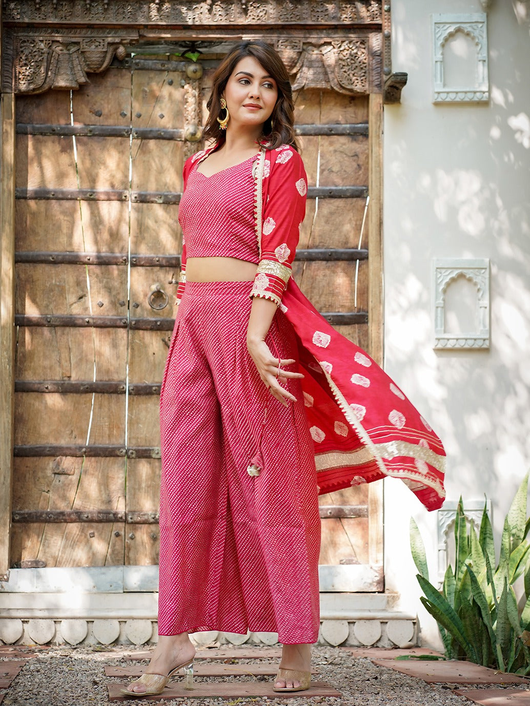 Pink Printed Top & Palazzo With Shrug Co-Ords-Yufta Store-1498CRDPKS