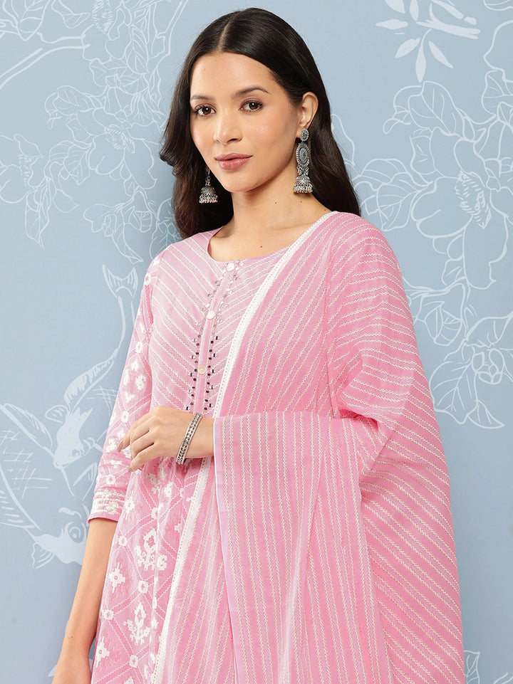 Pink Printed with Chikankari Pure Cotton Kurta with Trousers & Dupatta-Yufta Store-1332SKDPKS