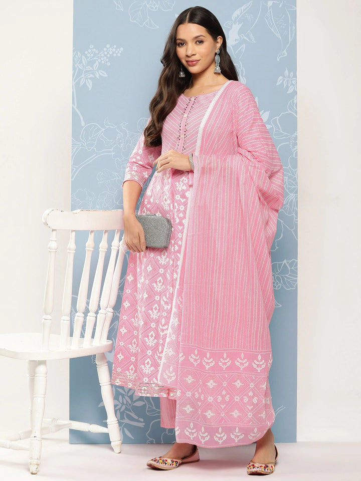 Pink Printed with Chikankari Pure Cotton Kurta with Trousers & Dupatta-Yufta Store-1332SKDPKS
