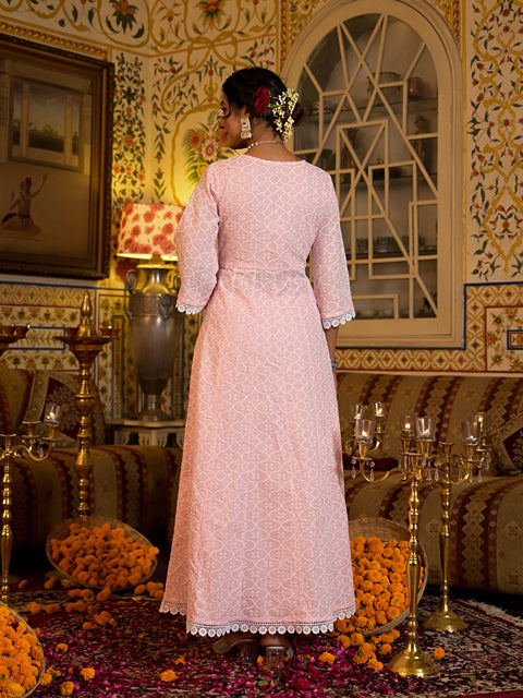 Pink Pure Cotton Angrakha Anarkali Kurta Trouser With Dupatta Set-Yufta Store-1557SKDPKS