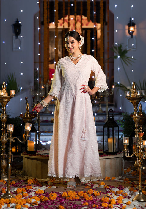 Pink Pure Cotton Angrakha Anarkali Kurta Trouser with Dupatta Set-Yufta Store-1548SKDPKS
