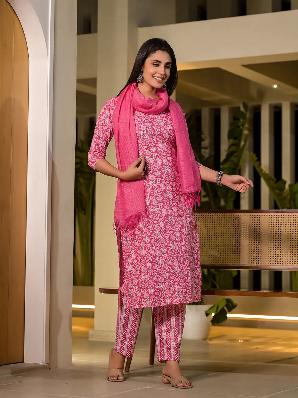 Pink Pure Cotton Floral Print Straight Kurta With Trousers And Dupatta Set-Yufta Store-6897SKDPKS