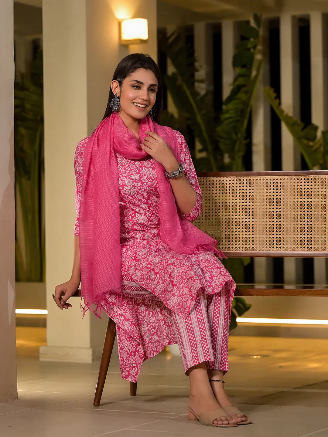 Pink Pure Cotton Floral Print Straight Kurta With Trousers And Dupatta Set-Yufta Store-6897SKDPKS