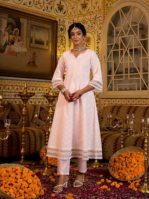 Pink Pure Cotton Sequins Work Anarkali Kurta Trouser With Dupatta Set-Yufta Store-1553SKDPKS