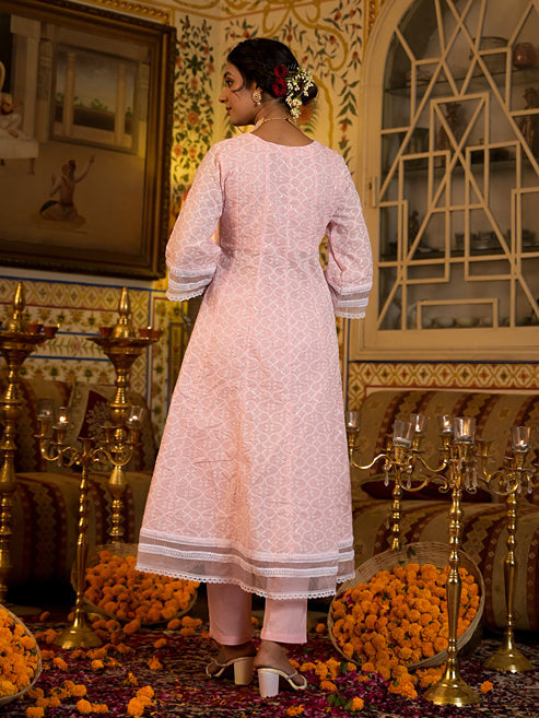Pink Pure Cotton Sequins work Anarkali Kurta Trouser with Dupatta Set-Yufta Store-1546SKDPKS