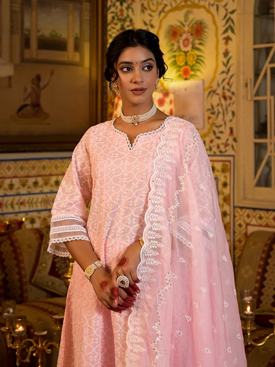 Pink Pure Cotton Sequins work Anarkali Kurta Trouser with Dupatta Set-Yufta Store-1546SKDPKS