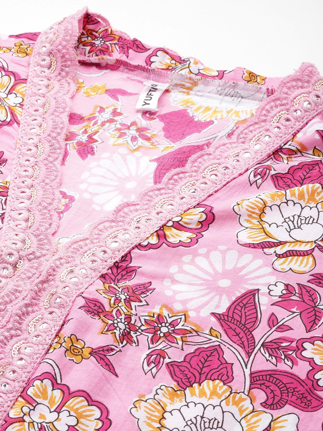 Pink Pure Cotton kurta set with embroidery Kurta Trouser Set