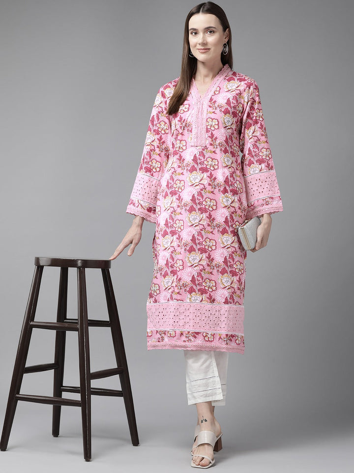 Pink Pure Cotton kurta set with embroidery Kurta Trouser Set-Yufta Store-1792SETPKS