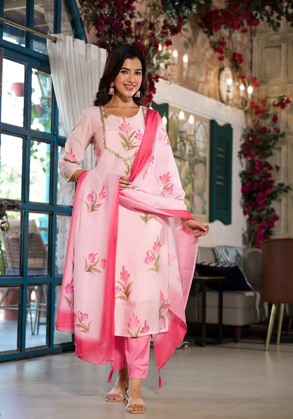 Pink Silk Blend Floral Cutdana_Work Kurta Trouser With Dupatta Set-Yufta Store-1537SKDPKS