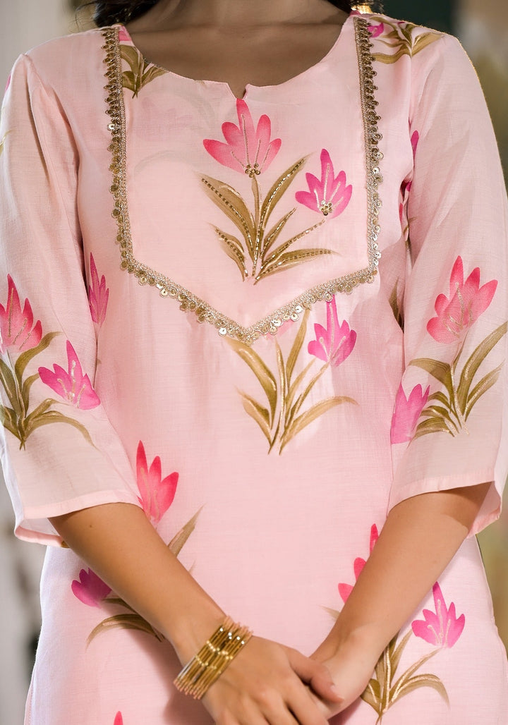 Pink Silk Blend Floral Cutdana_Work Kurta Trouser With Dupatta Set-Yufta Store-1537SKDPKS