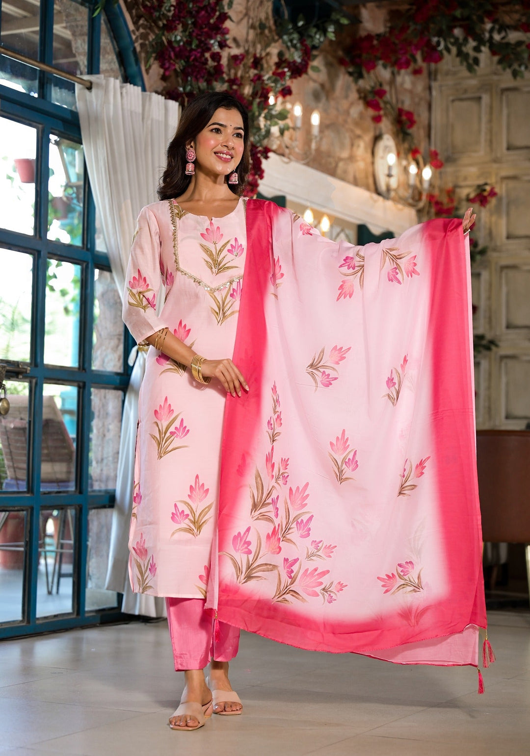 Pink Silk Blend Floral Cutdana_Work Kurta Trouser With Dupatta Set-Yufta Store-1537SKDPKS