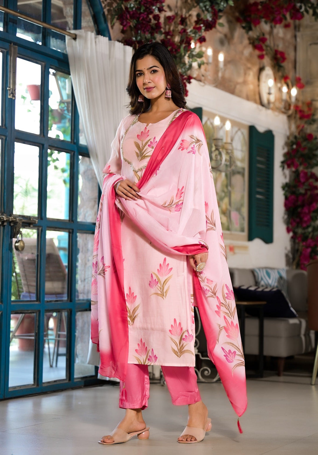 Pink Silk Blend Floral Cutdana_Work Kurta Trouser With Dupatta Set-Yufta Store-1537SKDPKS