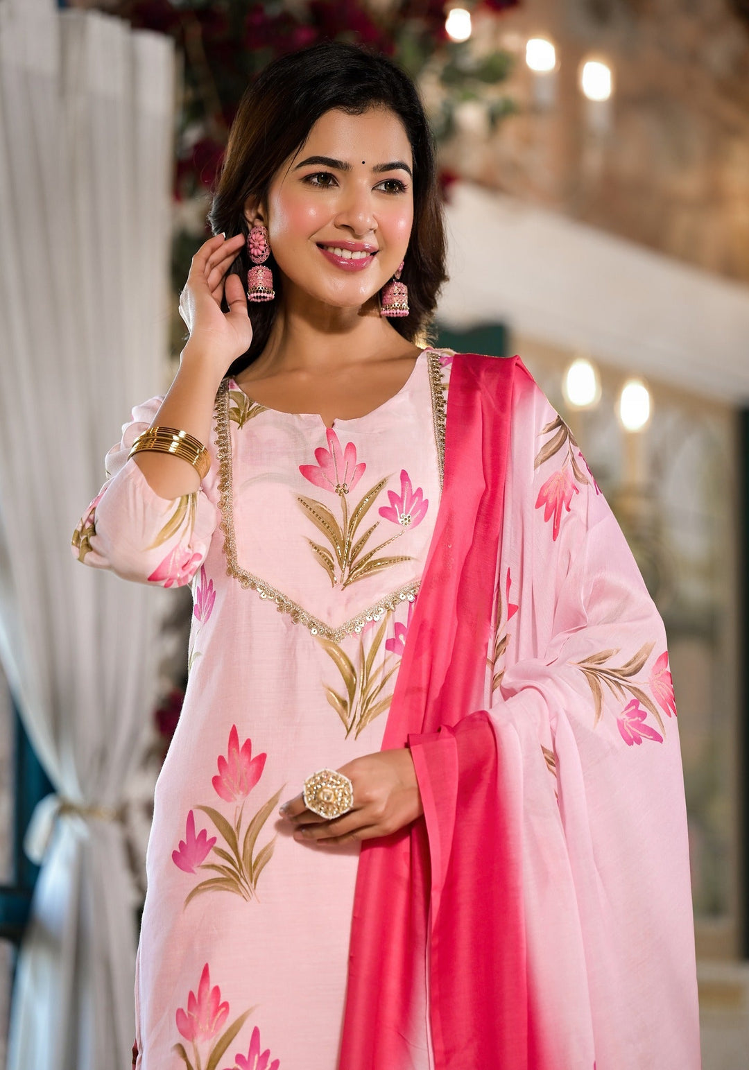 Pink Silk Blend Floral Cutdana_Work Kurta Trouser With Dupatta Set-Yufta Store-1537SKDPKS