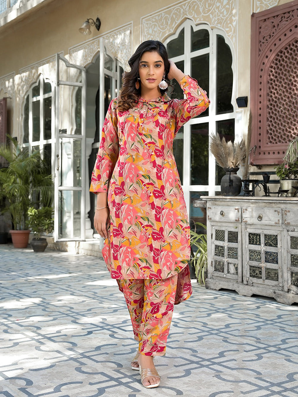 Pink Silk blend Ethnic Motifs Shirt Collar Co-ord set-Yufta Store-1828CRDPKM