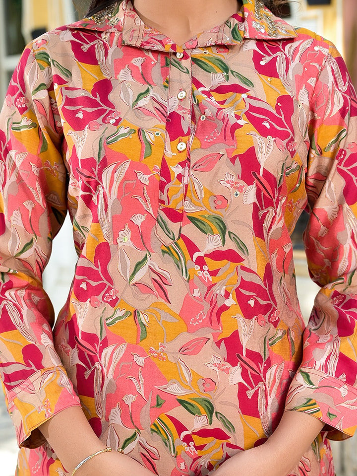 Pink Silk blend Ethnic Motifs Shirt Collar Co-ord set-Yufta Store-1828CRDPKM