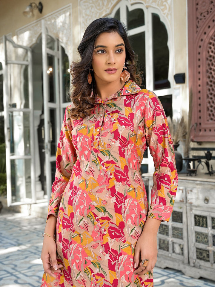 Pink Silk blend Ethnic Motifs Shirt Collar Co-ord set-Yufta Store-1828CRDPKM