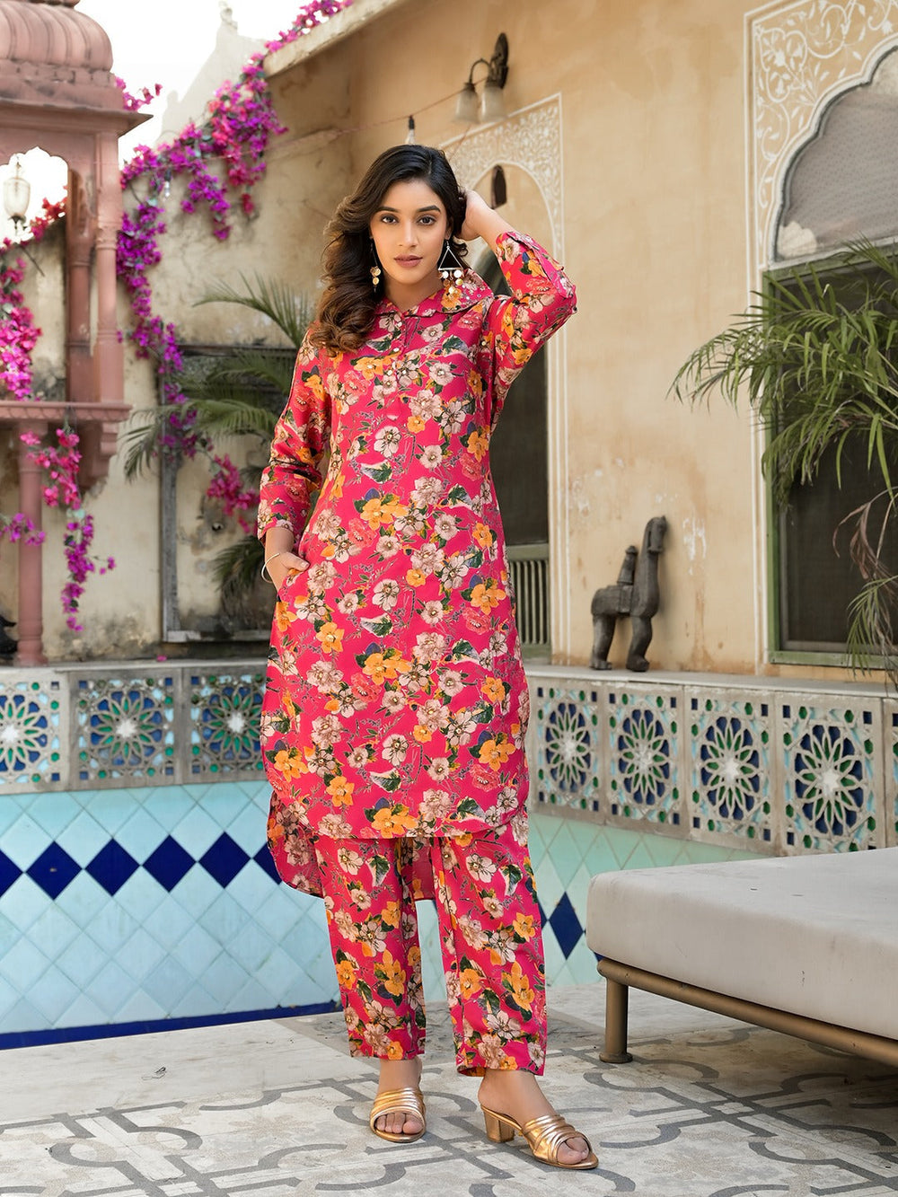 Pink Silk blend Floral Print Shirt Collar Co-ord set-Yufta Store-1827CRDPKM