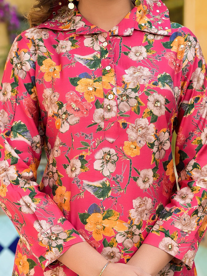 Pink Silk blend Floral Print Shirt Collar Co-ord set-Yufta Store-1827CRDPKM