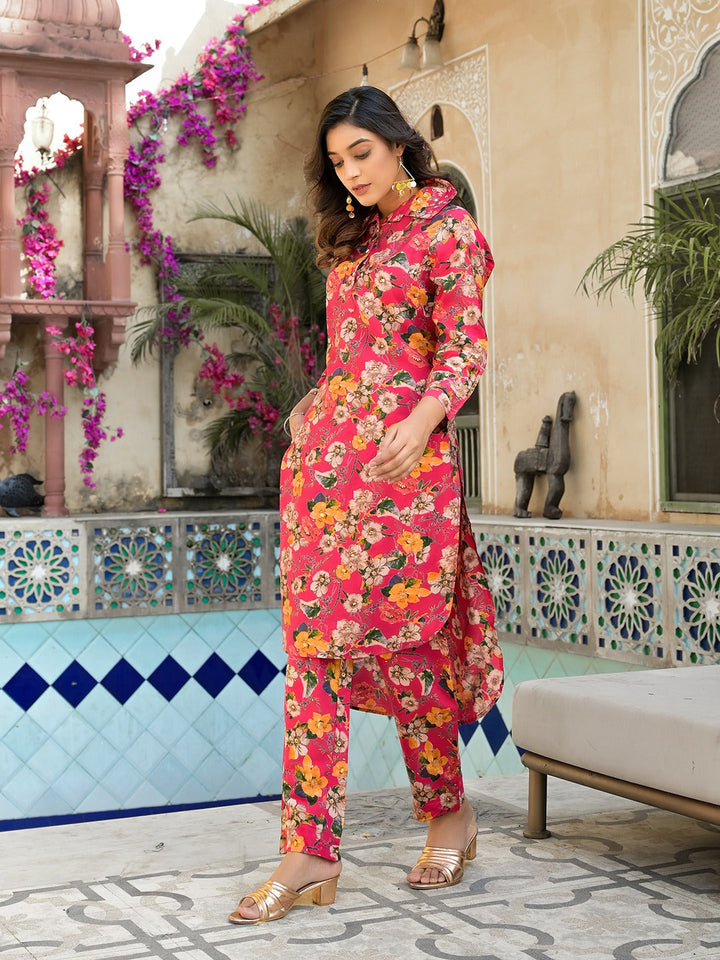 Pink Silk blend Floral Print Shirt Collar Co-ord set-Yufta Store-1827CRDPKM