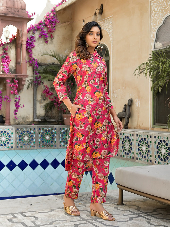 Pink Silk blend Floral Print Shirt Collar Co-ord set-Yufta Store-1827CRDPKM